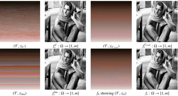 Figure 5: Comparison of the proposed approach with state-of-the-art ones. From top to bottom, left to right: the sorted vectors and the associated rank image for the RGB Lexicographic ordering (≤ C ), the LS H Lexicographic ordering (≤ C LS H ), the bit-mi