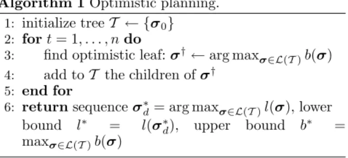 Fig. 1. Illustration of an OP tree T . Nodes are labeled by action sequences, while arcs represent transitions and are labeled by the associated rewards, shown in blue