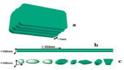 Figure I.1 : Les trois catégories de nano-charges : (a) une dimension, (b)  deux  dimensions et (c) trois  dimensions [HUA.H 2010]