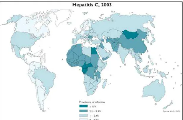 Figure  2 : Distribution mondiale du HCV en 2003 (d’après les données du W.H.O 2003) 