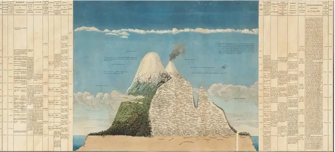 Figure 3 : Coupe des volcans Chimborazo et Cotopaxi, les noms des espèces végétales sont notés sur la montagne  et sont mis en lien avec des paramètres de milieux comme par exemple l'altitude, les courants atmosphériques,  la pression, les phénomènes élect
