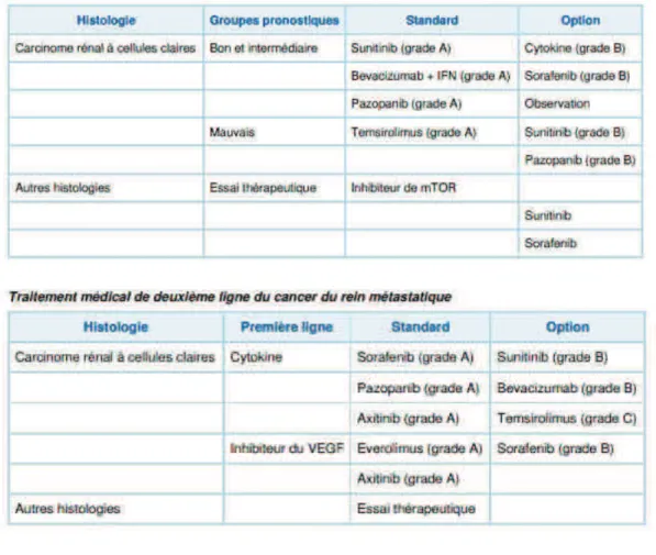 Tableau 5 : Traitement médical du cancer du rein métastatique selon les recommandations de  l’Association Française d’Urologie.