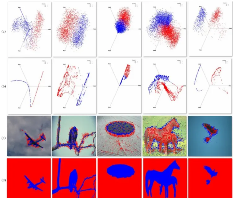Figure 8 presents another example of multilabel image segmentation. In Fig. 8(a), SIFT keypoint classes are identified by using spectral embedding into a Euclidean manifold