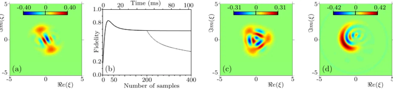 Figure 4: Non-classical states stabilized by the engineered reservoir, including realistic ex- ex-perimental uncertainties and perturbations