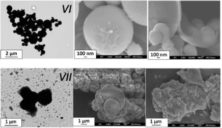 Figure 6. TEM and SEM images of the particles obtained from spray-drying for the selected batches  VI and VII for trials to get [Fe(Htrz) 2 (trz)](BF 4 )