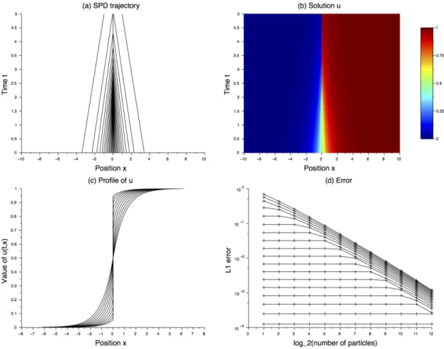 Figure 3. Numerical results for a concave flux function with two-sided exponen- exponen-tial iniexponen-tial measure: (a) trajectories of 30 particles in the space-time plane, (b) value of the solution u(t, x) in the space-time plane, (c) profile of the so