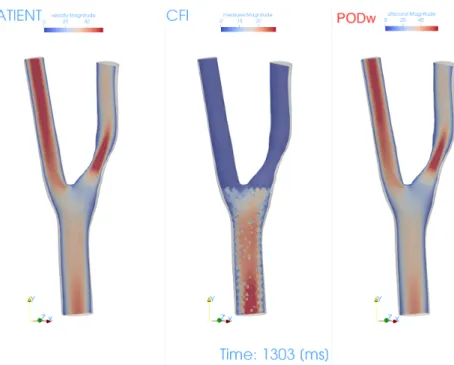 Figure 1.6: Result for the experiment commented in Section 1.2.3: velocity magnitude for the target solution (left), the CFI data (center), reconstruction (right)