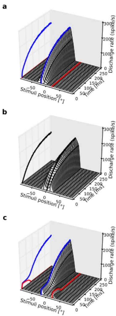 Fig. 5 Double target paradigm I. a Temporal evo- evo-lution of a slice of SC for a single stimulus presented at (5 ,+30 )