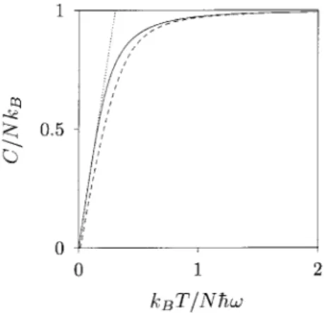 Fig. 2. Specific heat C of a Bose gas in a one-dimensional harmonic potential as a function of temperature T 