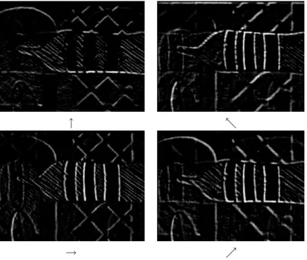 Fig. 4.9 – R´esultats exp´erimentaux de d´etection de contour directionnelle optique. Les directions d’analyse sont indiqu´ees par des fl`eches sous les images, et correspondent ` a un d´eplacement de 80 µm sur la cam´era CCD [CR-1997b].