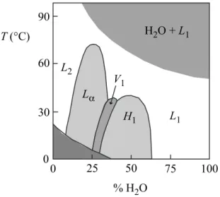 Fig. 1.1 : Diagramme de phase temp´erature/concentration en eau du m´elange binaire C 12 EO 6 /H 2 O