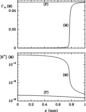 Fig. 2. Concentration profiles of H + and c a in the gel. F: Flow state. M: Mixed state