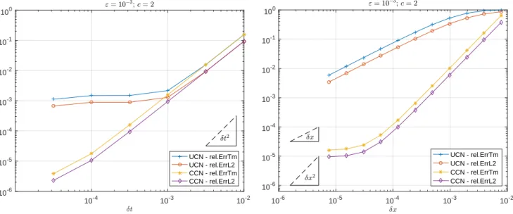 Figure 6: Evolution of the errors with respect to δt and δx for ε = 10 −3