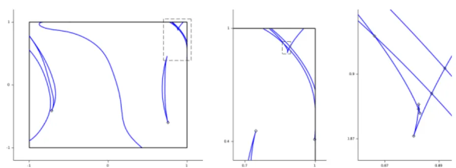 Figure 9: Left: the apparent contour of an algebraic surface of degree 13. Center (resp