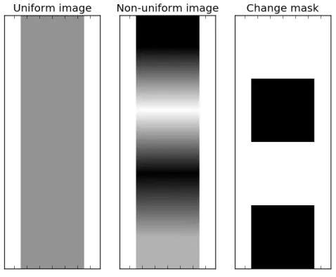 Figure 2.5: Difference between the two basic images. The change mask is a binary image showing local regions represented by each of the four input vectors and whether it changed (white) or did not change (black) between the images.