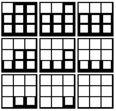 Figure 3.3: Objects increase in size, one at a time, to form ‘checkerboard 2’. The percentage of systematically spaced white pixel content progressively increases between the first and last image, producing the systematic increase in single  ele-ment size 