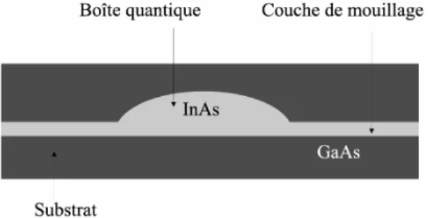 Fig. I.1.2 – Schéma d’une boîte quantique en InAs sur une couche de mouillage en InAs, dans une matrice de GaAs.