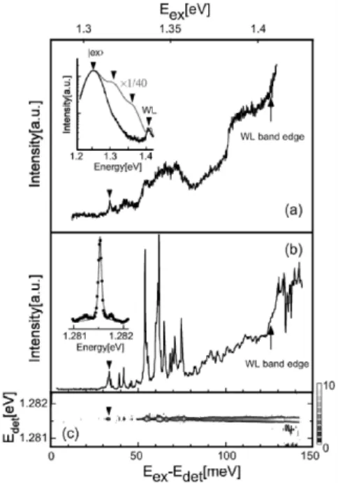 Fig. I.2.1 – Spectres d’excitation de la photoluminescence à 8K, avec un dé- dé-tection sur la transition fondamentale pour un ensemble de boîtes quantiques InGaAs/GaAs (a), sur une boîte quantique unique (b)