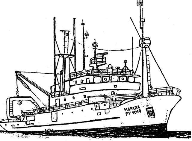 Figure 5  : Un bâtiment moderne ayant contribué à la recherche carcinologique en  Polynésie française :  le  navire Marara affecté à la surveillance radiobiologique de l’environnement  marin de 1973 à 1997 (dessin d’un pêcheur polynésien)