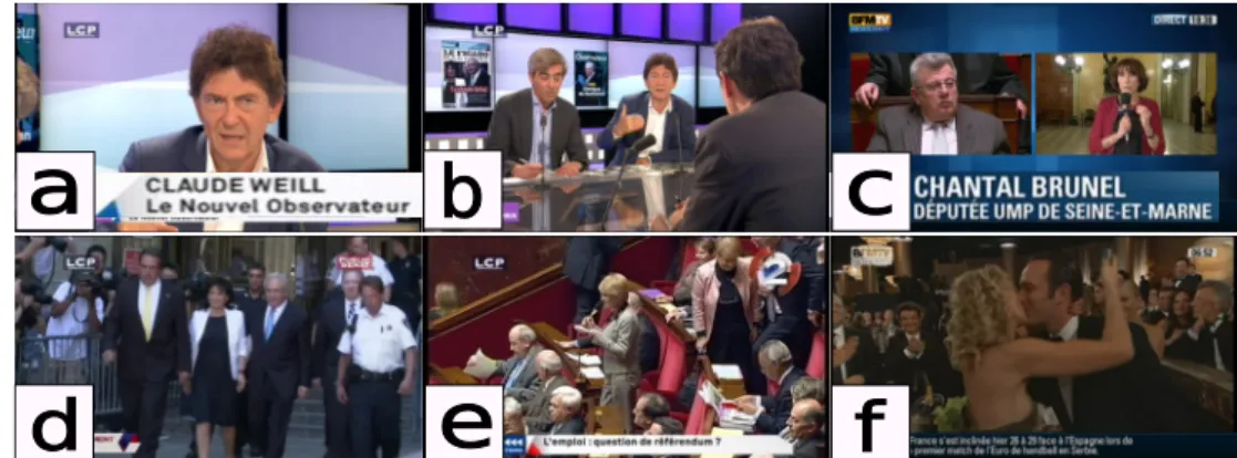 Figure 1. Example frames from the REPERE corpus showing the variety of the visual conditions (pose, camera viewpoint, illumination) and the name face association challenges such as: multiface images