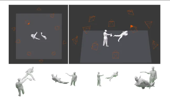 Fig. 10 An example of sparse synthetic performance capture data generation. (top) Top and side view of the 10 cameras positioned around a surface