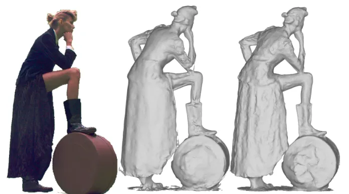 Fig. 1 Challenging scene captured with a passive RGB multi-camera setup [9]. (left ) one input image, (center ) reconstructions obtained with classical 2D features [10], (right) proposed solution