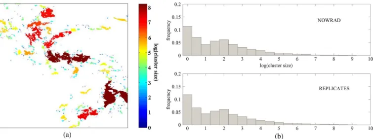 Fig. 7. (a) Example of partitioning a NOWRAD training image (July 1, 2004, 00:30 UTC) into disjoint rain support clusters of different sizes