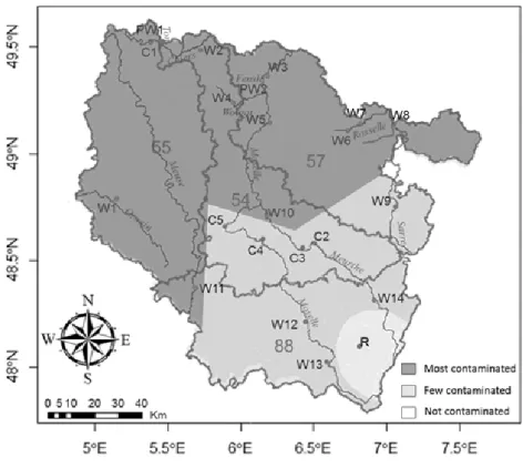 Figure 1 : Niveau de contamination en gadolinium anthropique des sites analysés sur le secteur  lorrain 