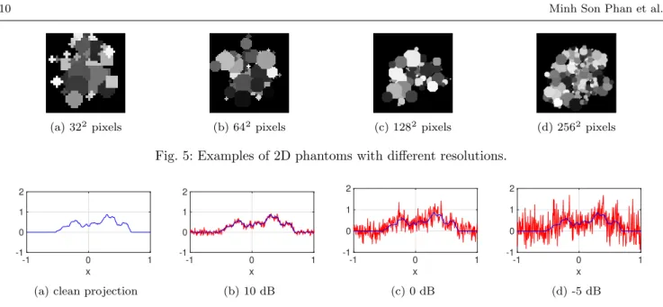 Table 1: RMSD (%) of Salzman’s Method (SM) and our method MADE in 2D w.r.t the phantom  resolu-tions (in pixels) for the noiseless case