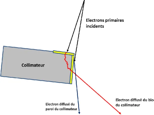 Figure  1-10 :  Représentation schématique des  deux  composantes des électrons  diffusés par  le collimateur,  (flèche  bleu)  les  électrons  diffusés  par  la  paroi  et  (flèche  rouge)  les  électrons  diffusé  par  le  bloc  du  collimateur