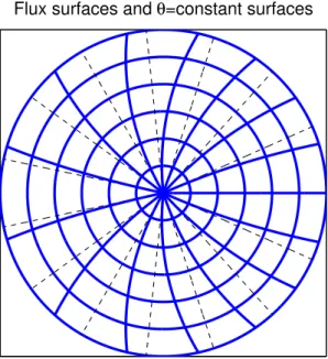 Figure 2.2: Poloidal cross-section showing flux surfaces and contours of θ = constant in the case of circular concentric magnetic configuration.
