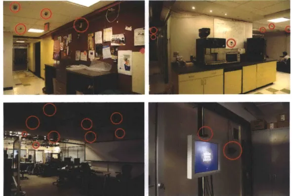 Figure  1.1  A series  of pictures  taken from common  areas  in the Media Lab.  Each red circle indicates a sensing device.