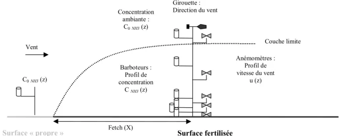 Figure 10. Principe et dispositif de la méthode de mesure de flux d’ammoniac par bilan de masse  [Ca10]