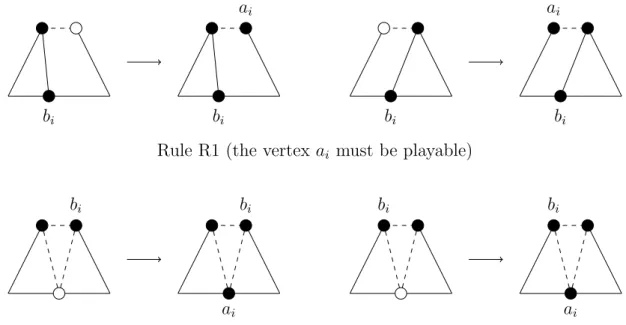 Figure 2: The strategy of Alice on outerplanar graphs (Rules R1, R2 and R3).