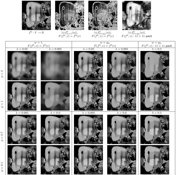 Fig. 1. Scalar image simplification on a gray level image with different parameters values of p, λ and different weight functions in local or nonlocal configurations