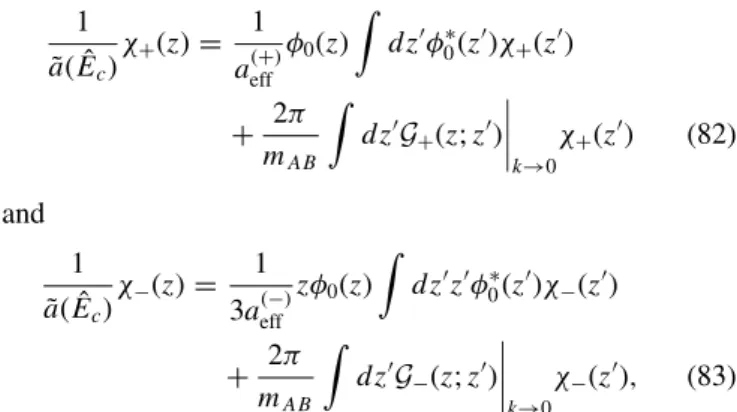 Figure 6 shows the positions of the lowest five resonances in terms of l ho /a 3D for even- and odd-parity channels as functions of the mass ratio m A /m B 