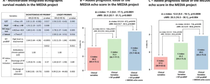 Figure 3 Multivariable integrated echocardiographic models in the MEDIA project (Panel A) and its added prognostic value in the MEDIA project (Panel B) and the KaRen cohort (Panel C)