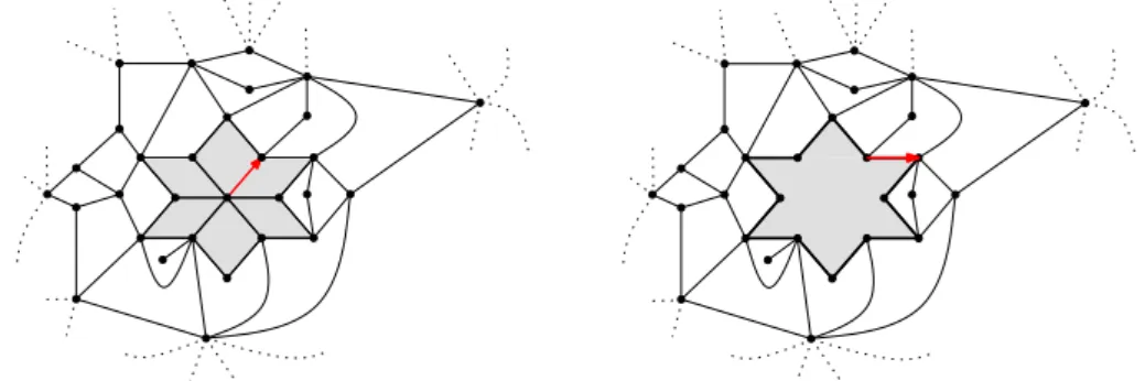 Figure 5: A fragment of a rooted quadrangulation with a special neighborhood of the root and the rooted quadrangulation with a simple boundary obtained by removing this neighborhood and transferring the root edge.