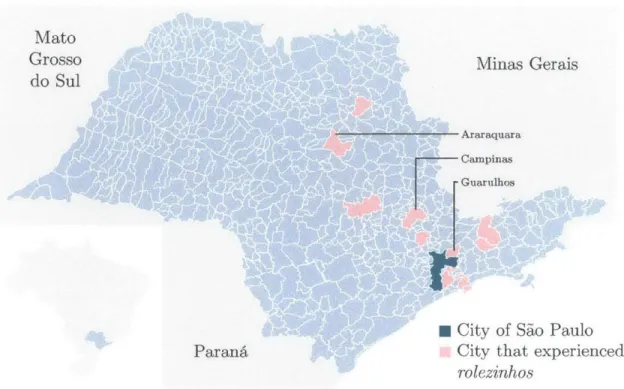 Figure  1-1:  Cities  in  Sdo  Paulo  State  that  experienced  rolezinhos during  the  research period