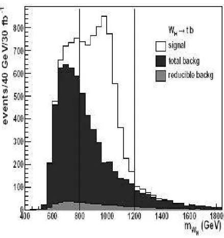 Figure 3.45 montre la zone accessible : la r´egion autour de cot θ = 1 qui n’´etait pas couverte par les analyses W H (Z H ) → W (Z)H est couverte jusqu’`a M W H = 2.5 TeV.