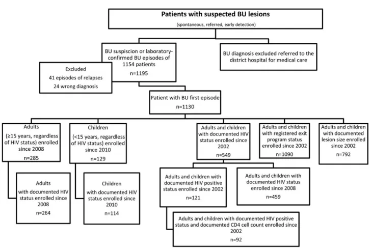 Figure 2. Flowchart of the study populations selected for each analysis. BU, Buruli ulcer; HIV, human immunode ﬁ ciency virus; +, positive.