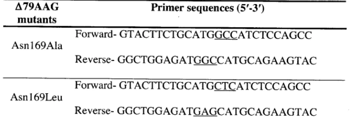 Table  11.3.  List of oligonucleotide  primers  used for the creation  of A79AAG  mutants  by  PCR based  site directed  mutagenesis