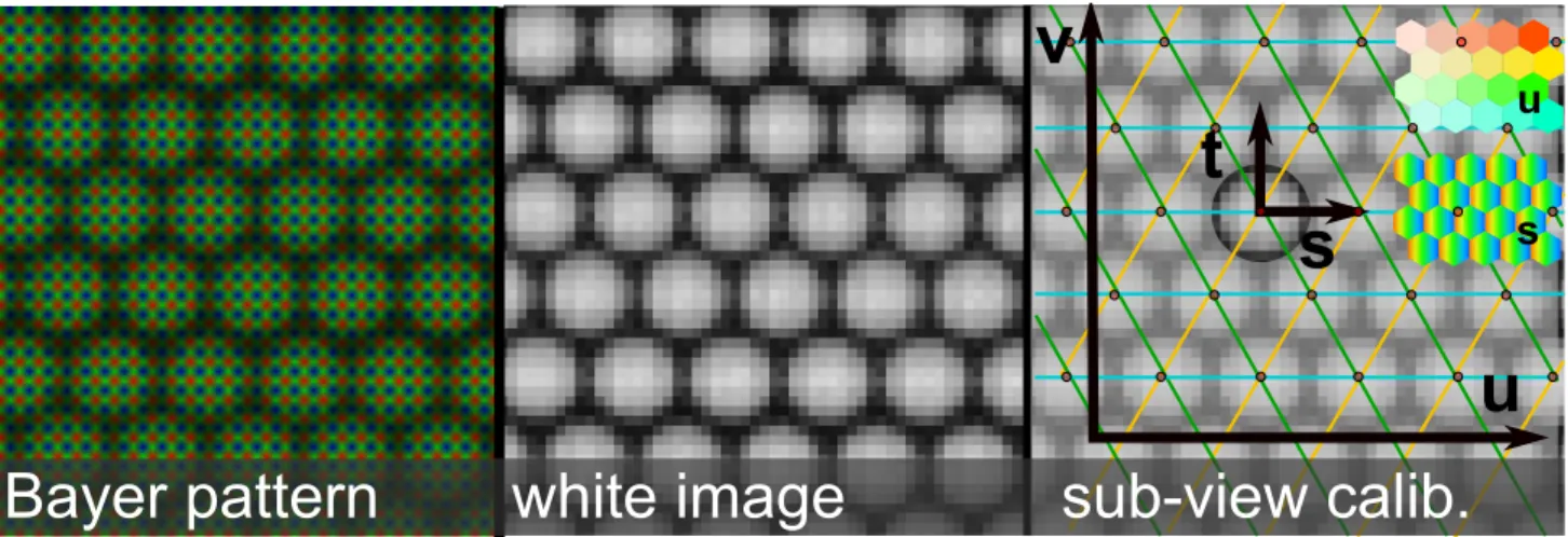 Fig. 6. Light field pre-processing and calibration for a Lytro camera: (left) Using a Bayer pattern within the micro-images causes a shift of light-field view for the color channels since different colors sample different (s, t) coordinates