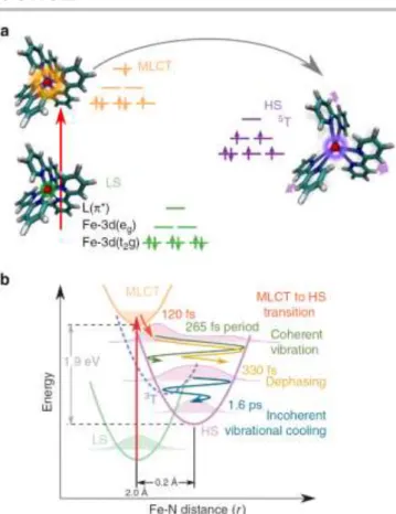 Figure 3. Schematic LIESST process. For the [Fe(bpy) 3 ] 2+  system, the Fe (red)  is bonded to six N (blue) of the bpy ligands (L)