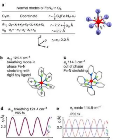 Figure  7.  Representation  of  some  HS  normal  modes  obtained  from  DFT  calculation:  (a)  Fe-N  bond  coordinate  and  average  length  r  for  a 1g   and  e g