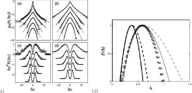 Figure 7: (α) (a)(c) Fit of the multifractal description on experimental data (circles: acceleration data from Cornell, dots: velocity increments from ultrasound Doppler, solid lines fits) – (b)(d) same for numerical simulations.