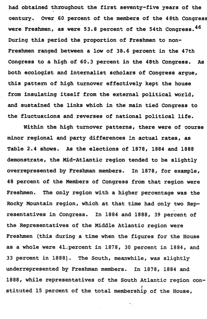 Table 2.4  shows.  As the elections  of  1878,  1884  and  1888 demonstrate, the Mid-Atlantic region tended  to be  slightly overrepresented by Freshman members