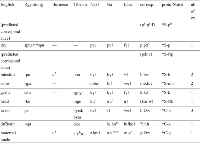 Table 12. Examples of correspondences pointing to  pre-initial+initial  clusters in proto- proto-Naish