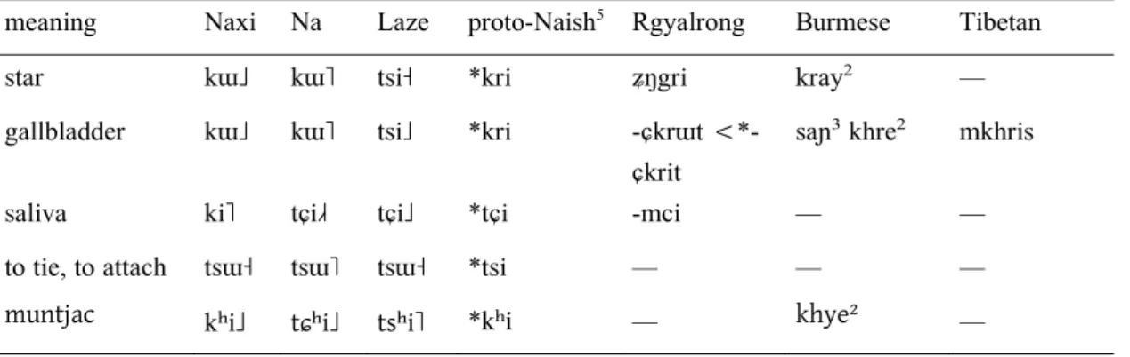 Table 1. Some correspondences between Na, Laze and Naxi, with potential cognates in  Rgyalrong 4 , Burmese and Tibetan