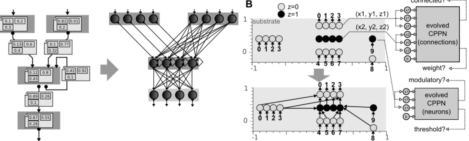 Fig. 3. A. Principle of the map-based, developmental encoding. The neural network is encoded as a labeled graph (left), which is developped to a graph of maps according to the labels (right)